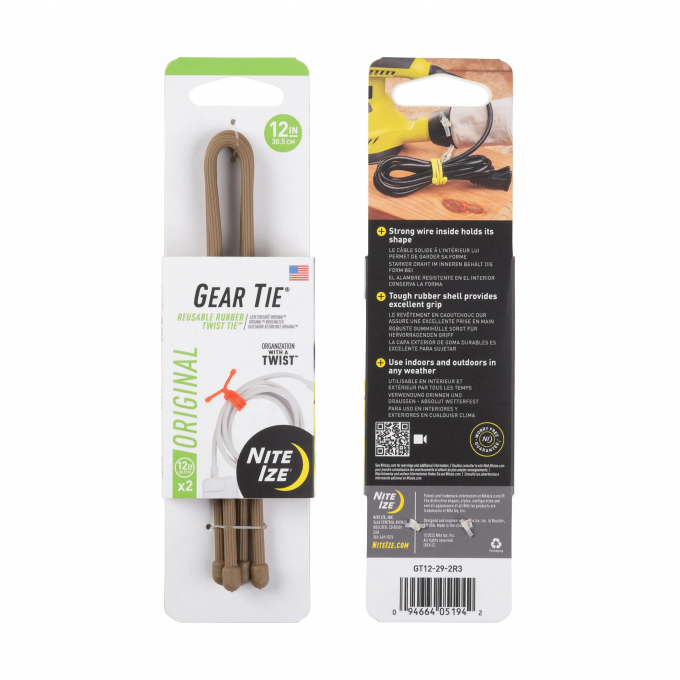 GEAR TIE® REUSABLE RUBBER TWIST TIE™ (2pcs), Coyote - length 12"