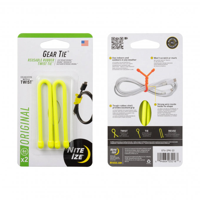 GEAR TIE® REUSABLE RUBBER TWIST TIE™ (2pcs), Yellow NEON - length 6"