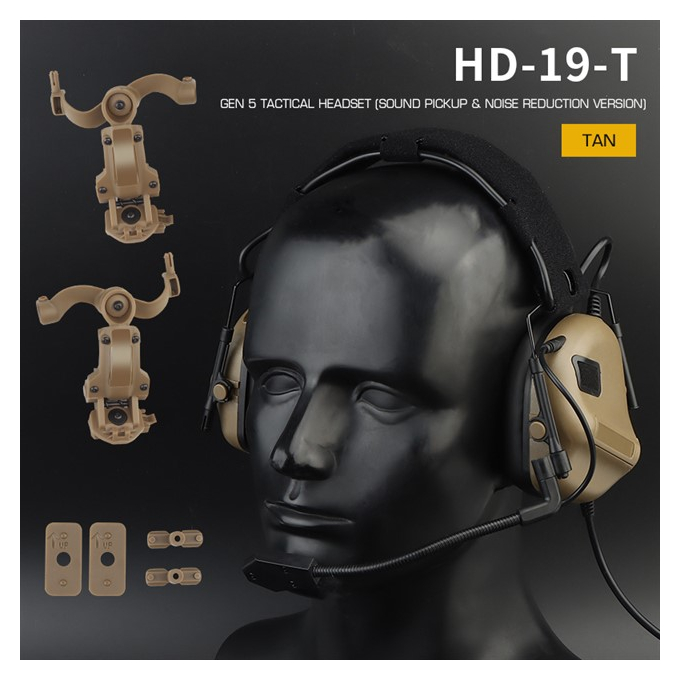 Taktický headset Gen 5 + montáž helmu FAST, pískový