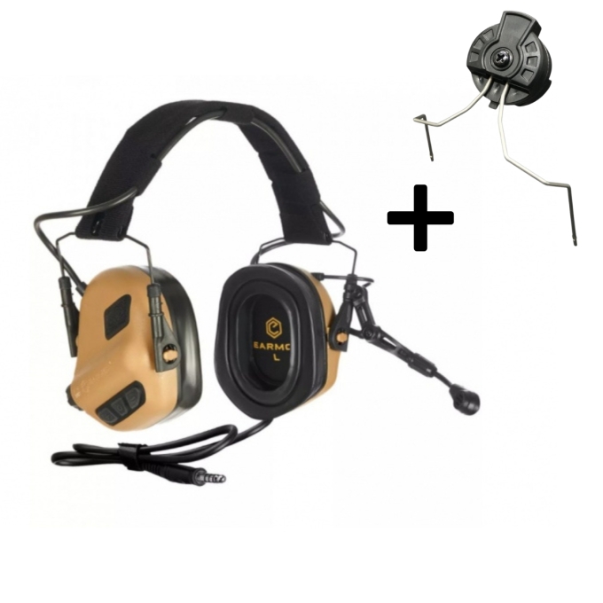 EARMOR taktický headset M32 PLUS SET, čelenka / montáž na helmu - Coyote Brown