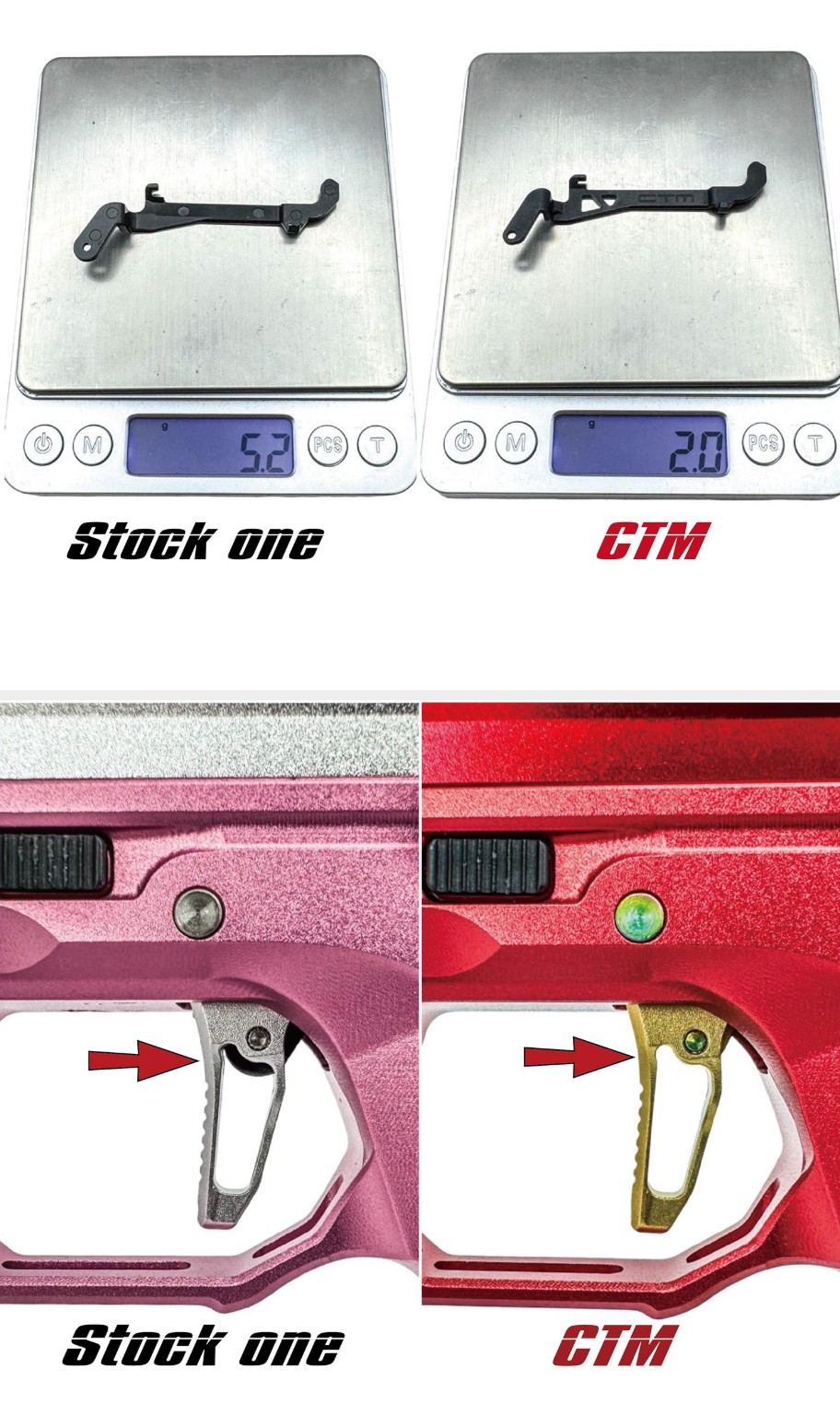 Comparison of the standard trigger bar and the CNC trigger bar by CTM TAC