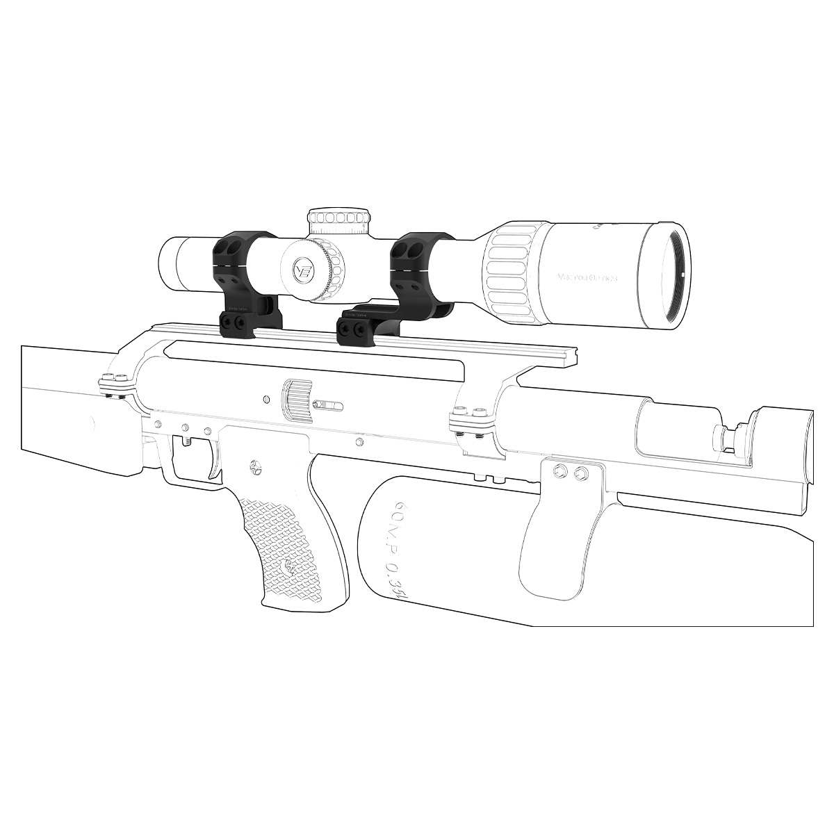 Ukázka montážních kroužků s instalovaným puškohledem na zbrani
