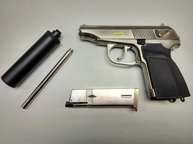 WE GBB plynová pistole Makarov s tlumičem - Stříbrná (nikl)