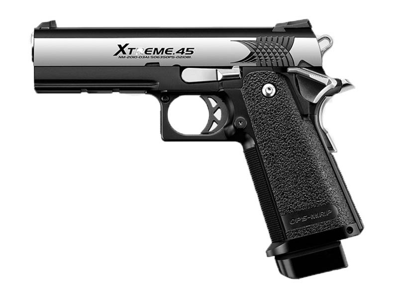 Tokyo Marui TM GBB plynová pistole Hi-Capa 4.3 Xtreme .45 Full-auto - Stříbrná/černá